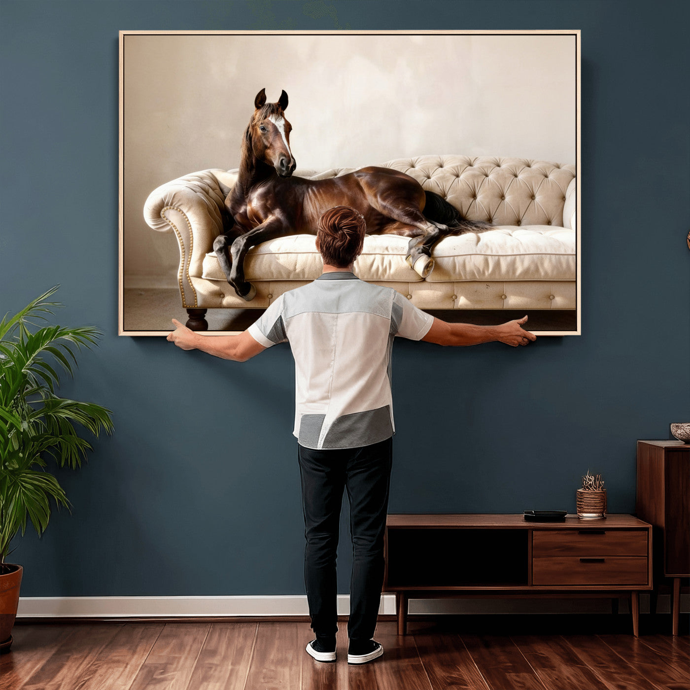 17716841-MGV-CV-36X24 - Funny Horse on Sofa Canvas Wall Art, Quirky Horse Lounging Photo Print, Whimsical Animal Decor, Living Room Conversation Art, Horse Lover Gift