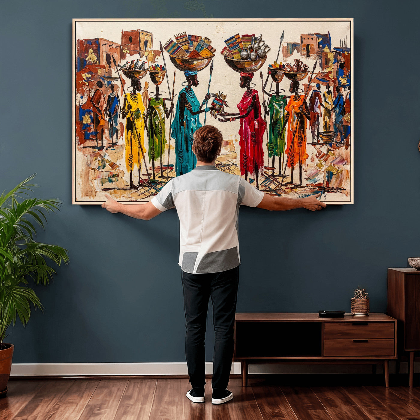 54818657-MGV-CV-36X24 - African Folk Art Canvas Wall Art, Colorful African Women Village Painting Print, Tribal Ethnic Home Decor, Vibrant African Art, Living Room