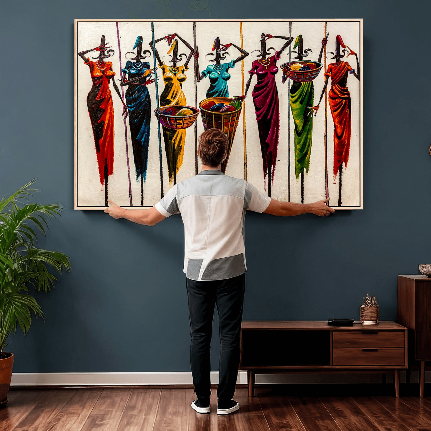 53545627-MGV-CV-36X24 - African Folk Art Canvas Wall Art, Colorful African Women Village Painting Print, Tribal Ethnic Home Decor, Vibrant African Art, Living Room
