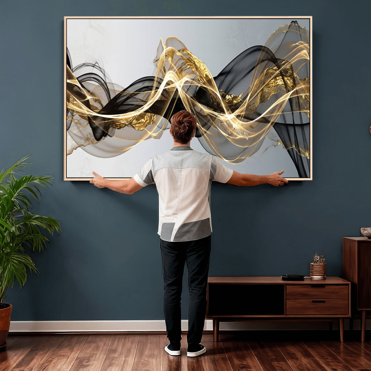 79483321DL-MGV-CV-36X24 - Black and Gold Abstract Wall Art, Modern Wave Canvas Print, Elegant Flowing Smoke Art, Luxury Living Room Decor