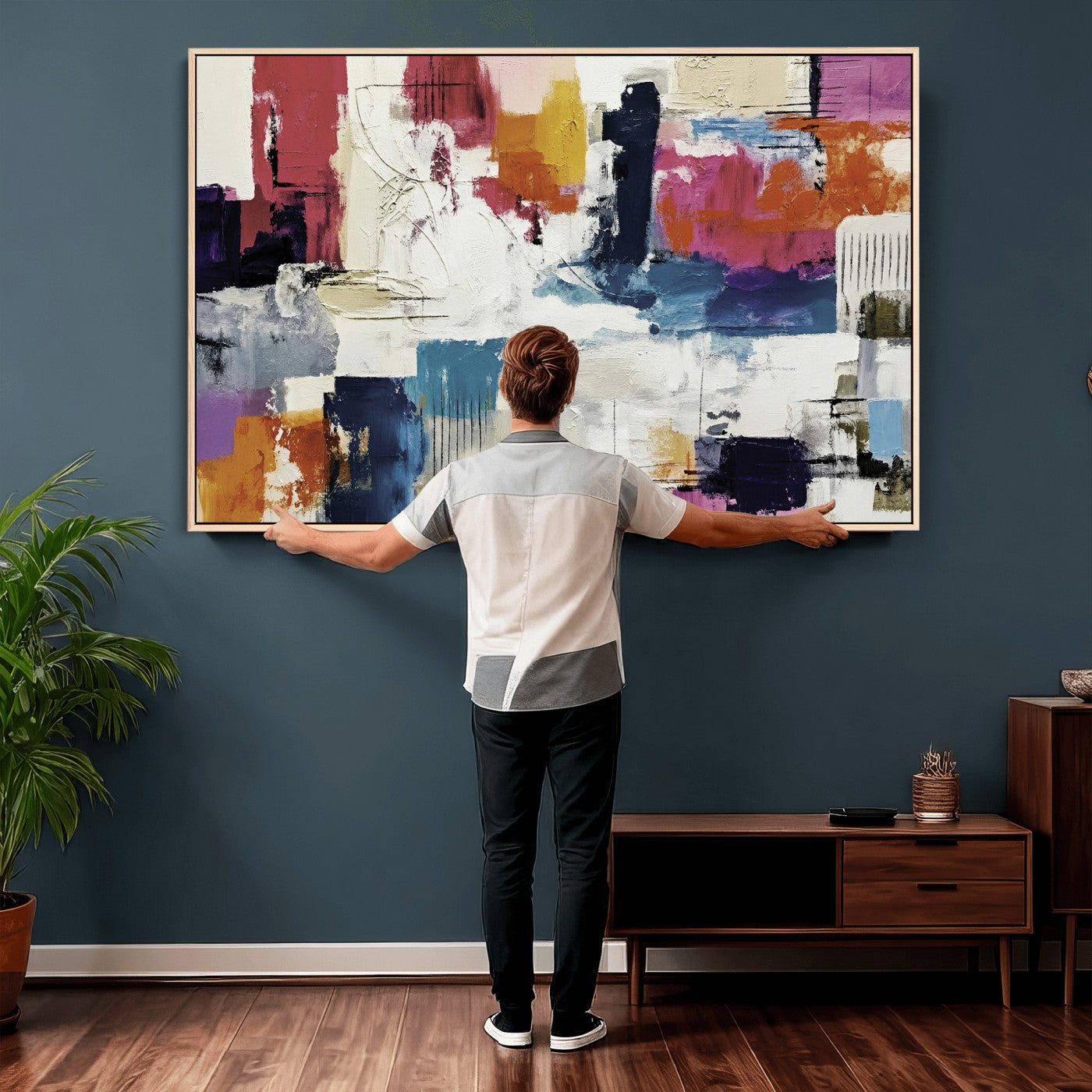 57864023-MGV-CV-36X24 - Blue Teal Abstract Canvas Wall Art, Modern Textured Painting Print, Navy Orange White Contemporary Art, Neutral Living Room Decor, Office Art