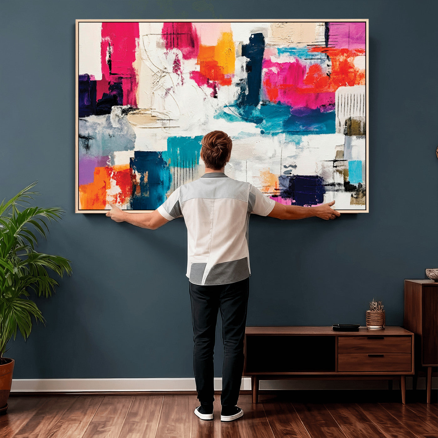 57864023-MGV-CV-36X24 - Blue Teal Abstract Canvas Wall Art | Modern Textured Painting Print, Navy Orange White Contemporary Art, Neutral Living Room Decor, Office Art