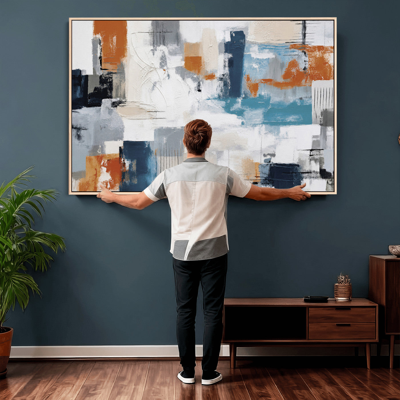 44950303-MGV-CV-36X24 - Blue Teal Abstract Canvas Wall Art, Modern Textured Painting Print, Navy Orange White Contemporary Art, Neutral Living Room Decor, Office Art