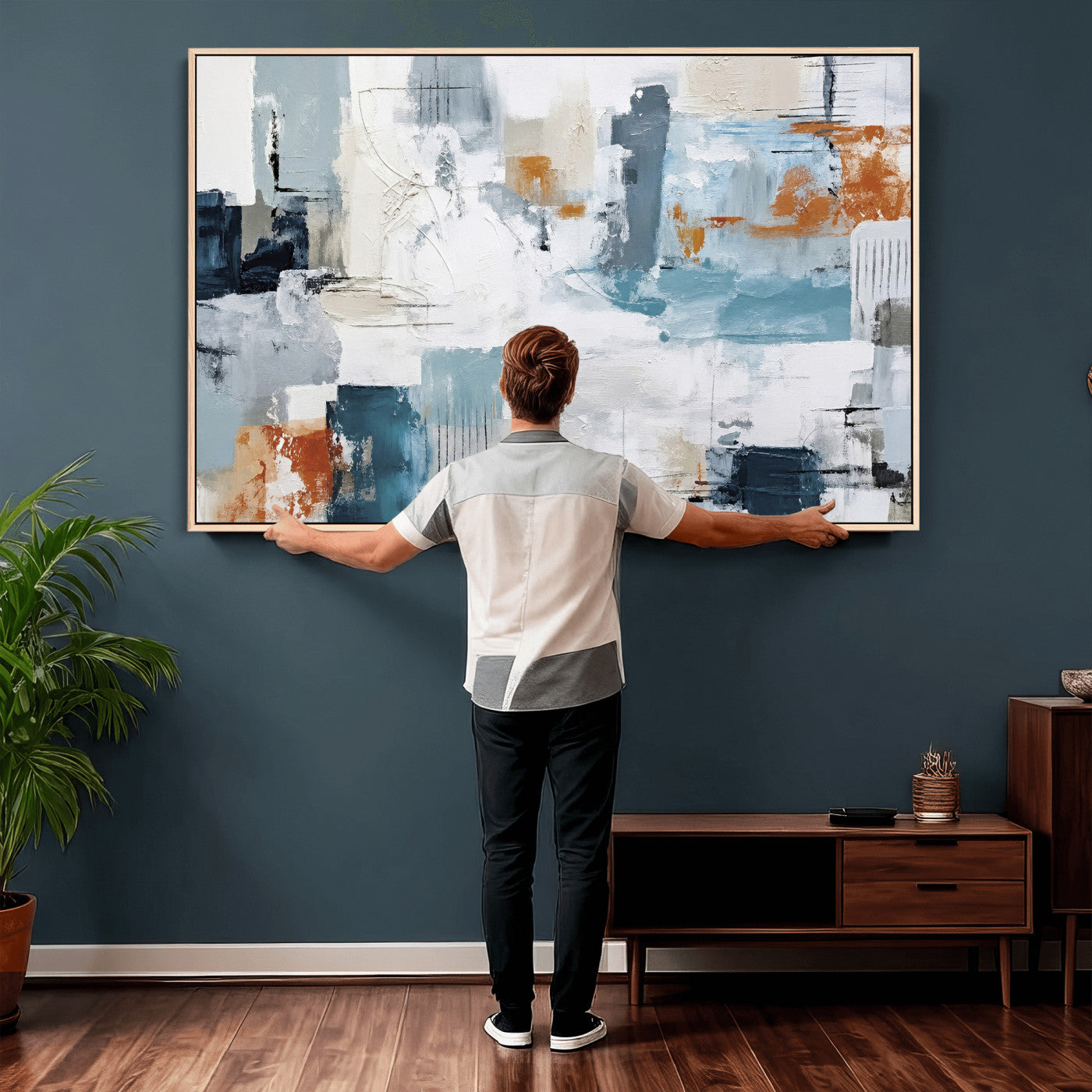 98638479-MGV-CV-36X24 - Blue Teal Abstract Canvas Wall Art, Modern Textured Painting Print, Navy Orange White Contemporary Art, Neutral Living Room Decor, Office Art