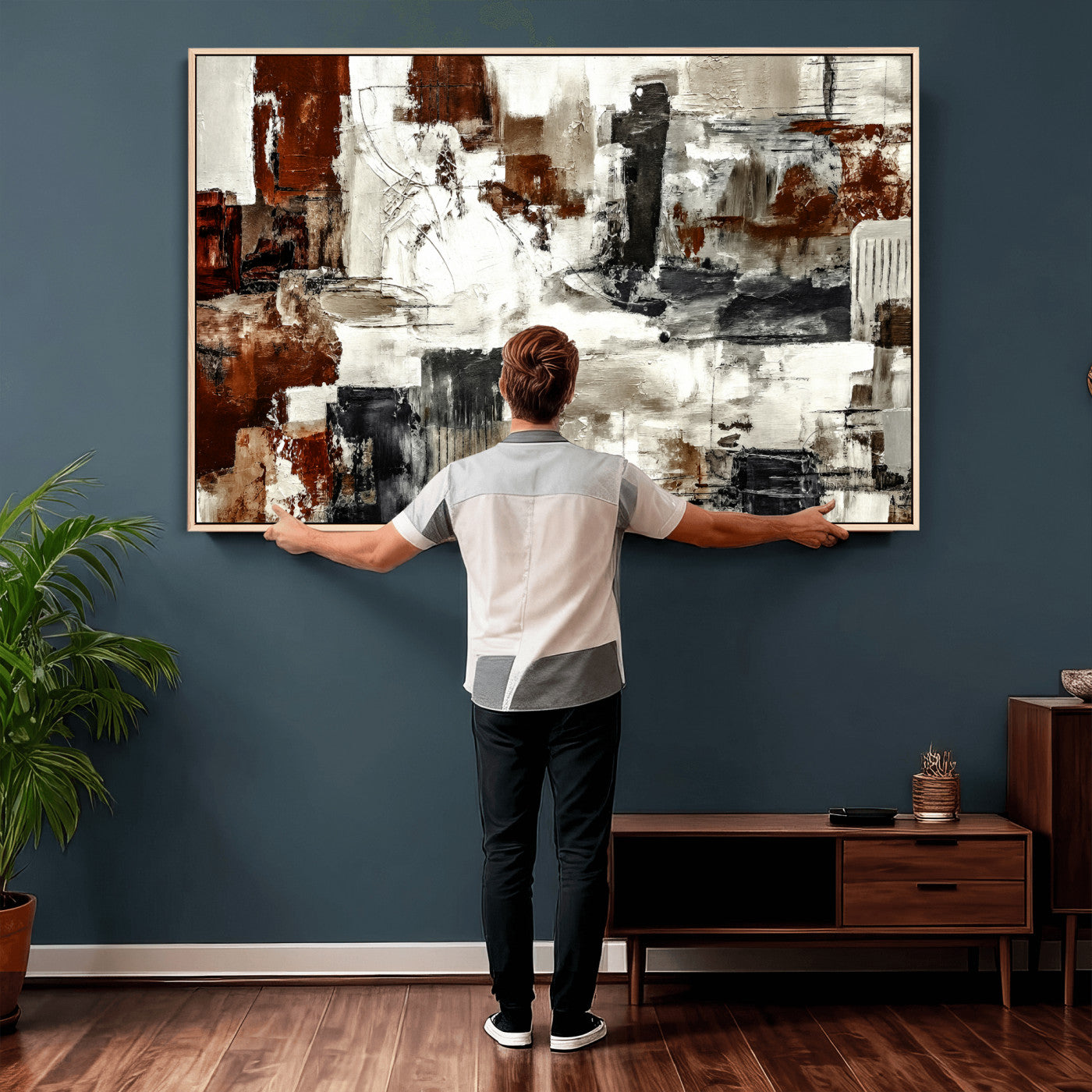 53022468-MGV-CV-36X24 - Blue Teal Abstract Canvas Wall Art, Modern Textured Painting Print, Navy Orange White Contemporary Art, Neutral Living Room Decor, Office Art