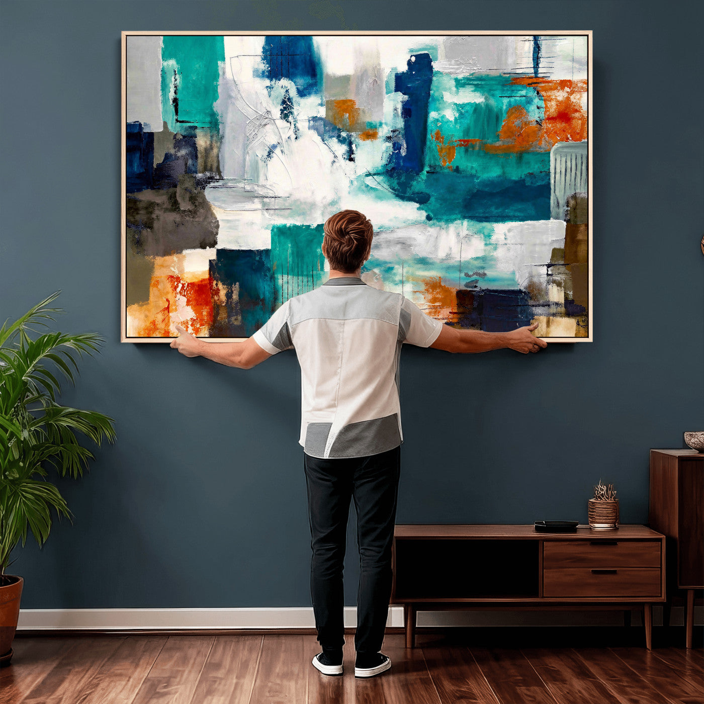 44038089-MGV-CV-36X24 - Blue Teal Abstract Canvas Wall Art, Modern Textured Painting Print, Navy Orange White Contemporary Art, Neutral Living Room Decor, Office Art