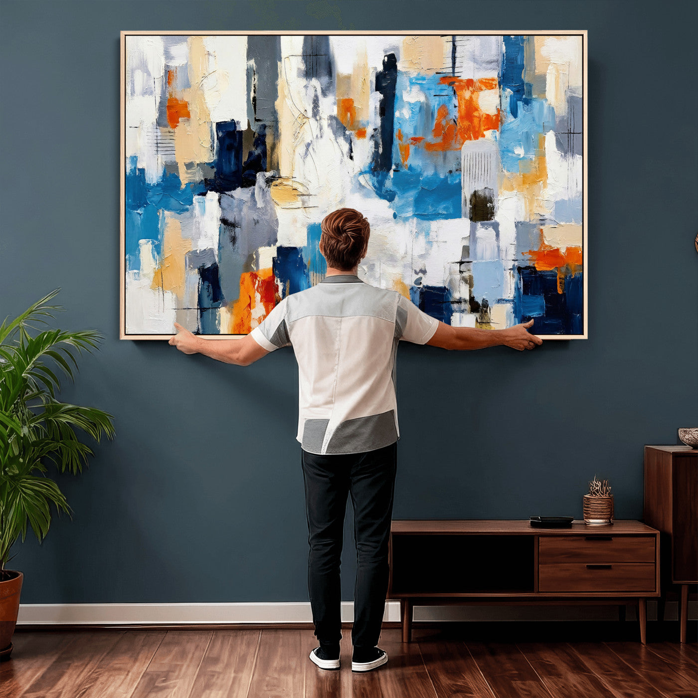 83915061-MGV-CV-36X24 - Blue Teal Abstract Canvas Wall Art, Modern Textured Painting Print, Navy Orange White Contemporary Art, Neutral Living Room Decor, Office Art