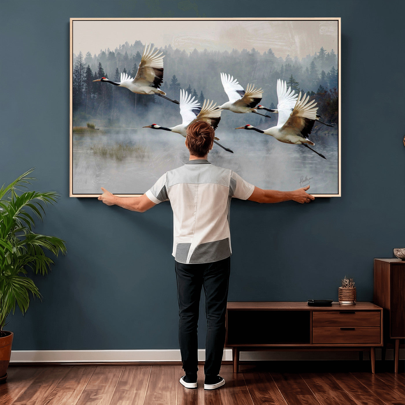 24356826-MGV-CV-36X24 - Flying Crane Canvas Wall Art Print, White Crane Bird Artwork, Wildlife Nature Decor, Lake Landscape Canvas - Ready to Hang