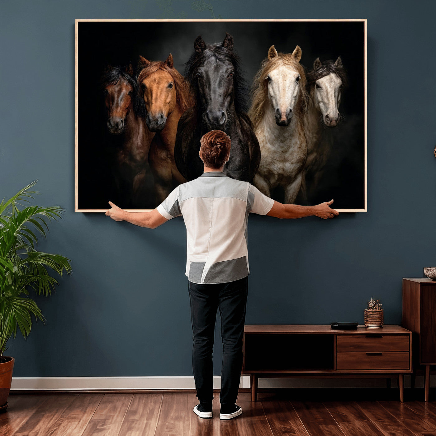 77696206-MGV-CV-36X24 - Horse Wall Art Canvas Print, Wild Horses Portrait Photography, Animal Horse Decor, Black Brown White Horse Herd, Rustic Ranch Art