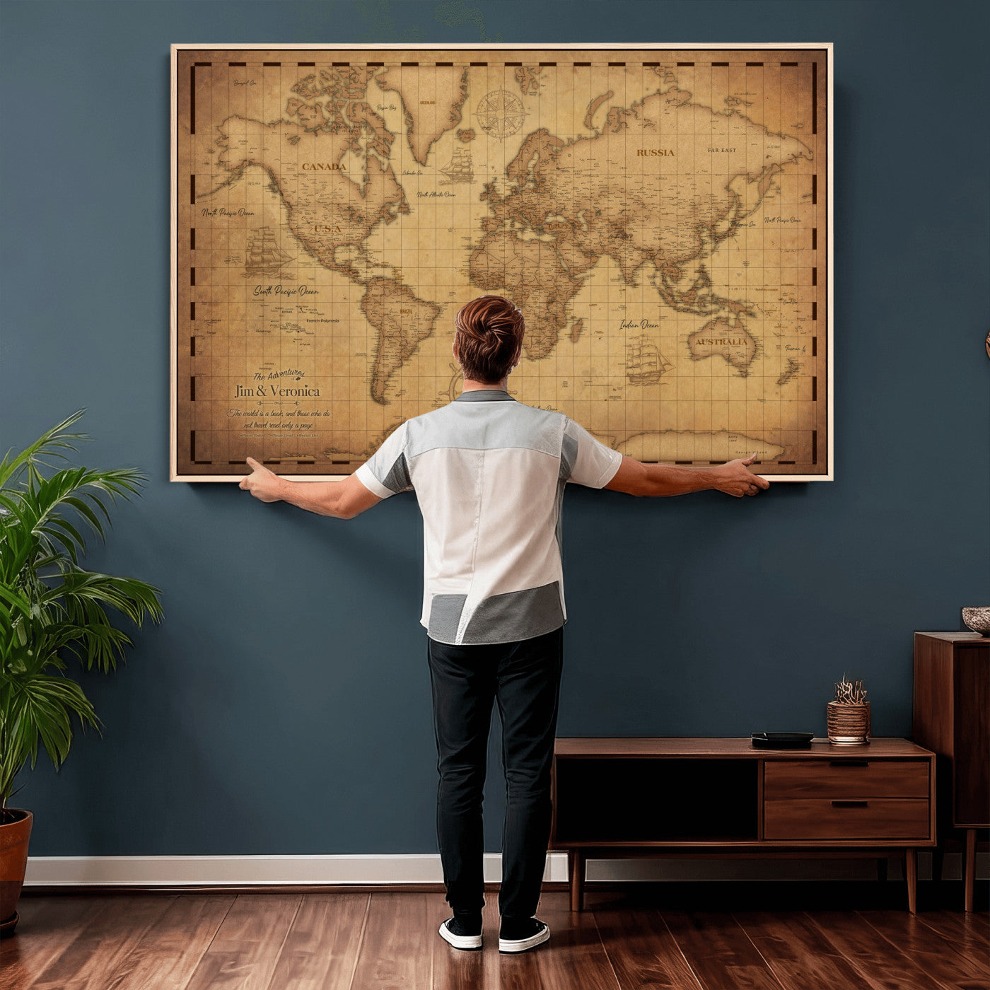 55328610-MGV-CV-36X24 - Personalize Push Pin World Map, Vintage Travel Map Canvas, Custom Names Anniversary Gift, Places Visited Pin Board, Couples Adventure Arts