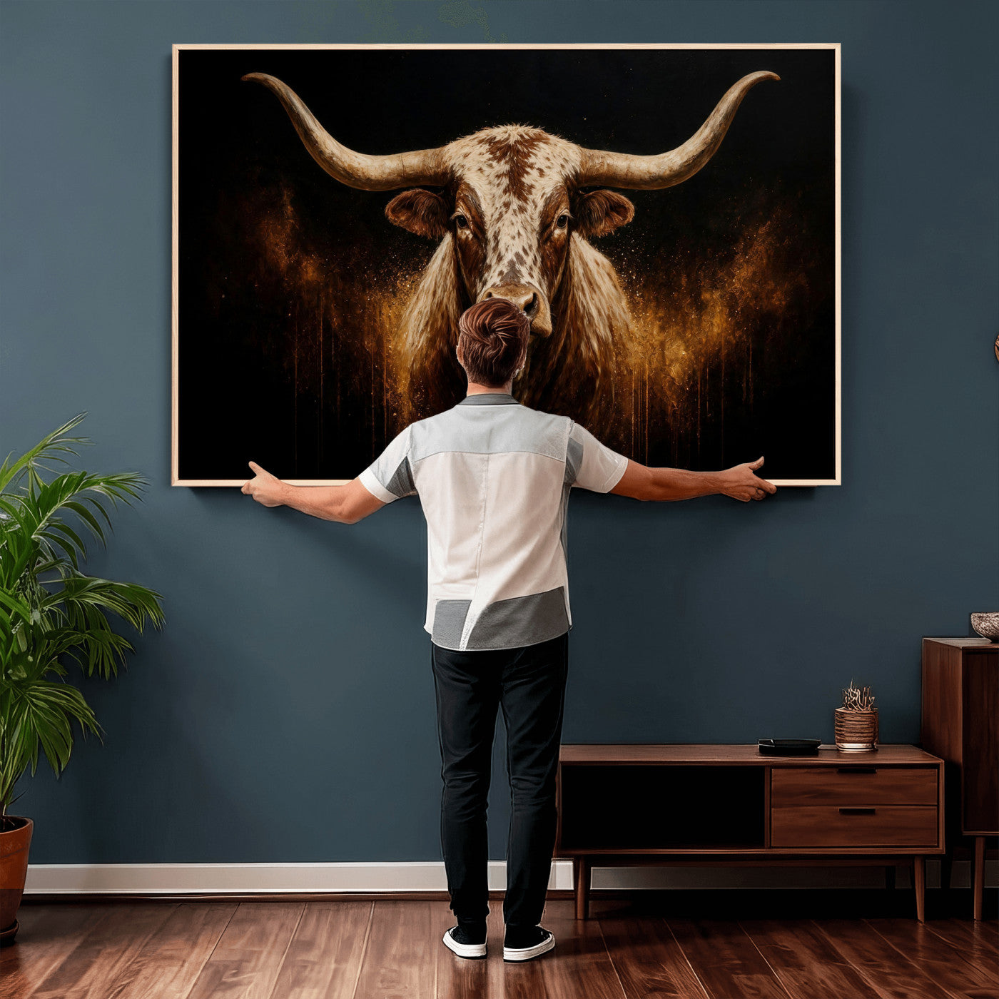 62076449-MGV-CV-36X24 - Texas Bull Cow Longhorn Canvas Wall Art Moody Western Bull Oil Painting Print
