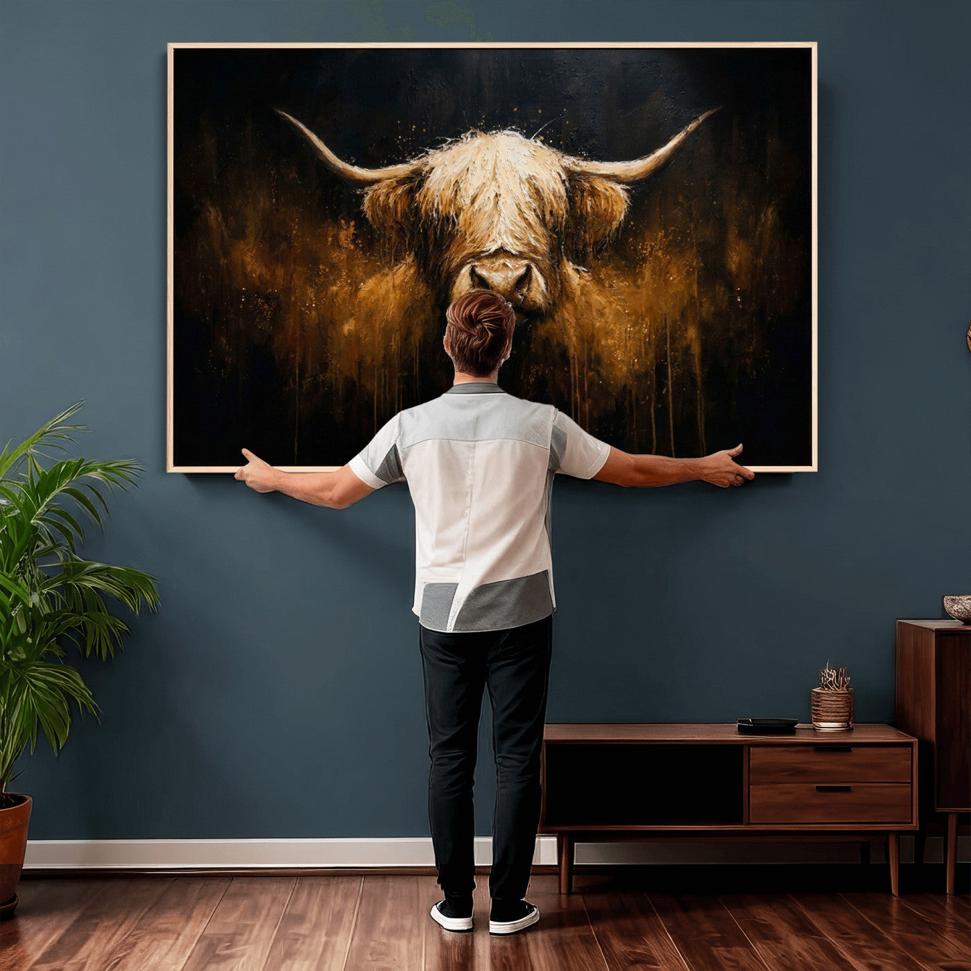 79873059-MGV-CV-36X24 - Rustic Highland Cow Canvas Print Dark Farmhouse Cattle Wall Decor