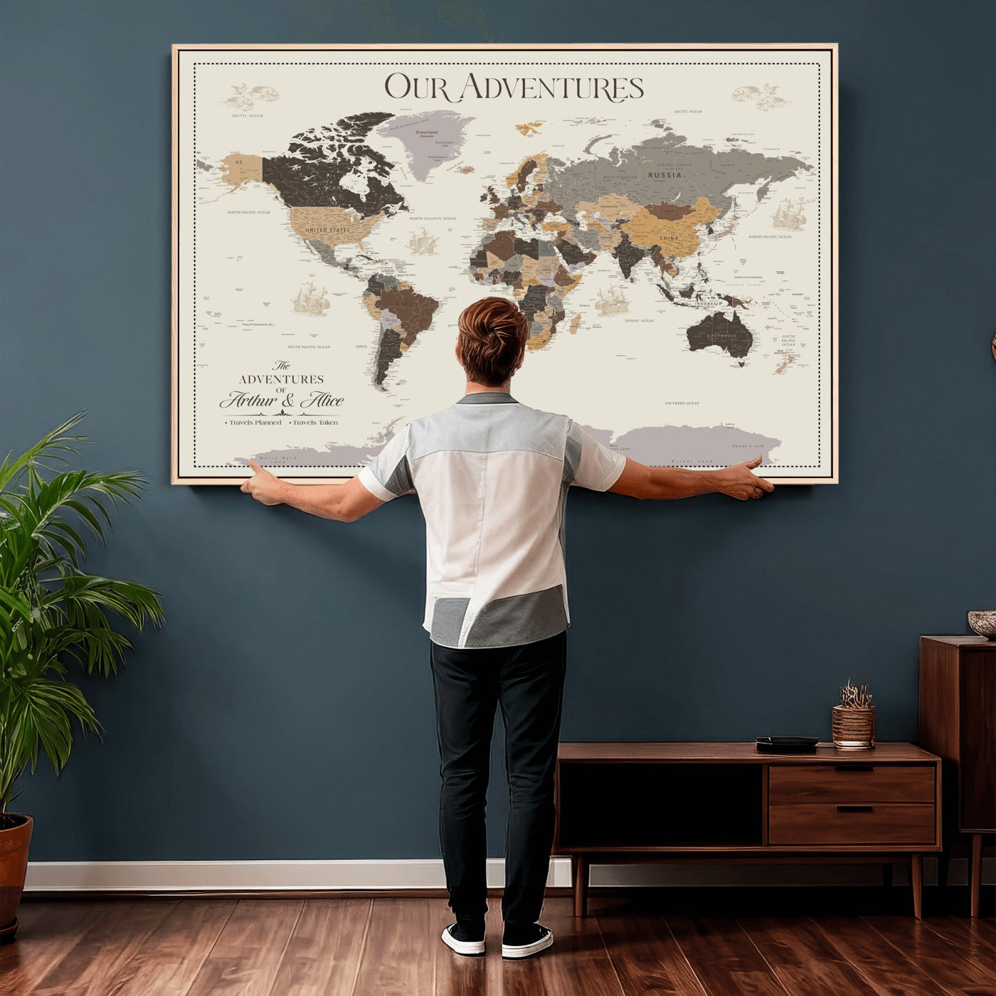 58777746A-MGV-CV-36X24 - Push Pin Customize World Map Wall Art Canvas Print, Modern Decorative Framed Map Artwork Prints for Living Room, Office, Bedroom Wall Decor