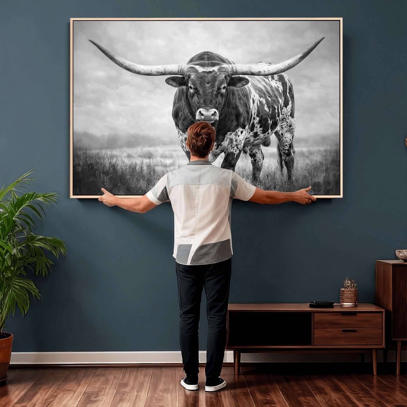 11121585-MGV-CV-36X24 - Texas Bull Wall Art Canvas Print for Farmhouse Restaurant Wall Decor