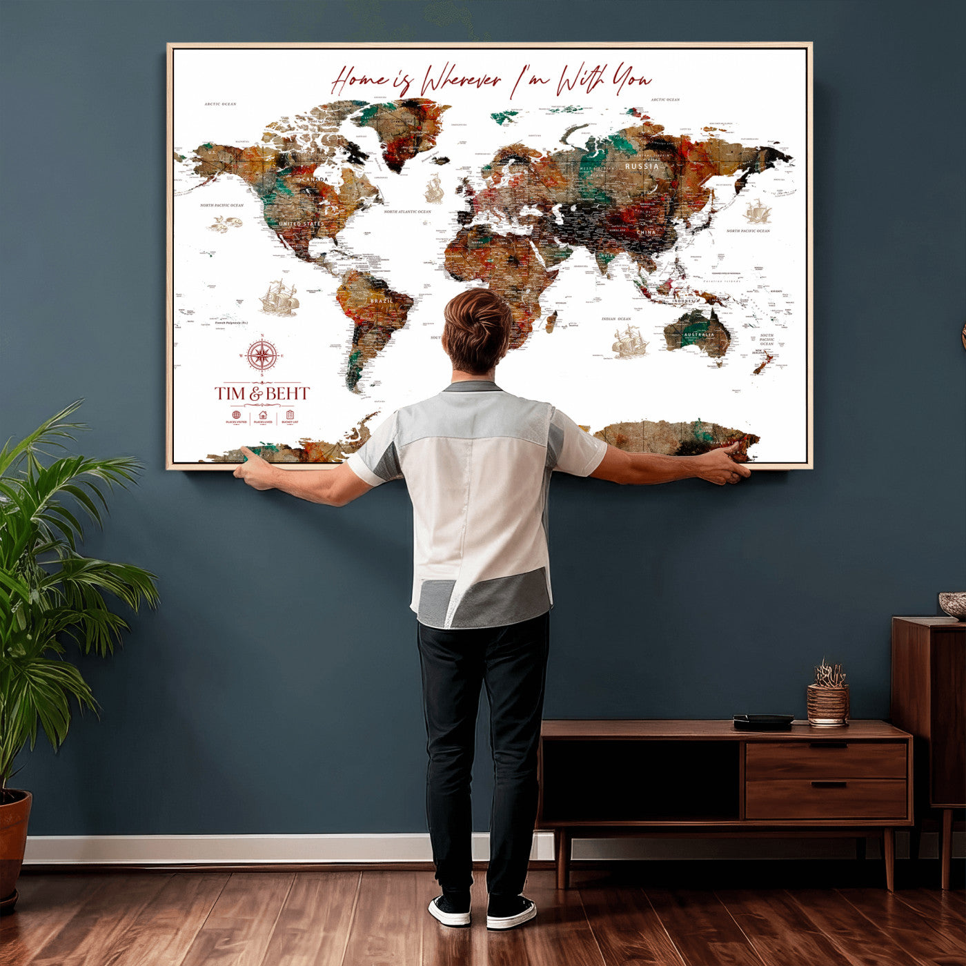 116MESUT-MGV-CV-36X24 - Custom Push Pin World Map Canvas Print – Personalized Travel Map Wall Art