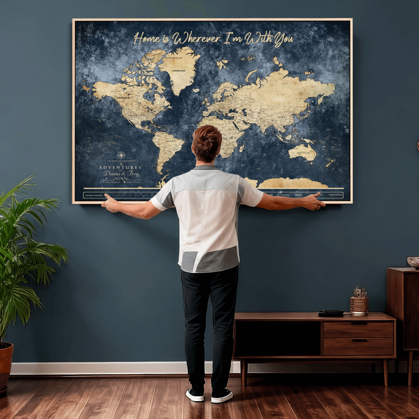 400867BL-MGV-CV-36X24 - Framed Blue Custom Push Pin World Map Canvas Print – Personalized Travel Map Wall Art