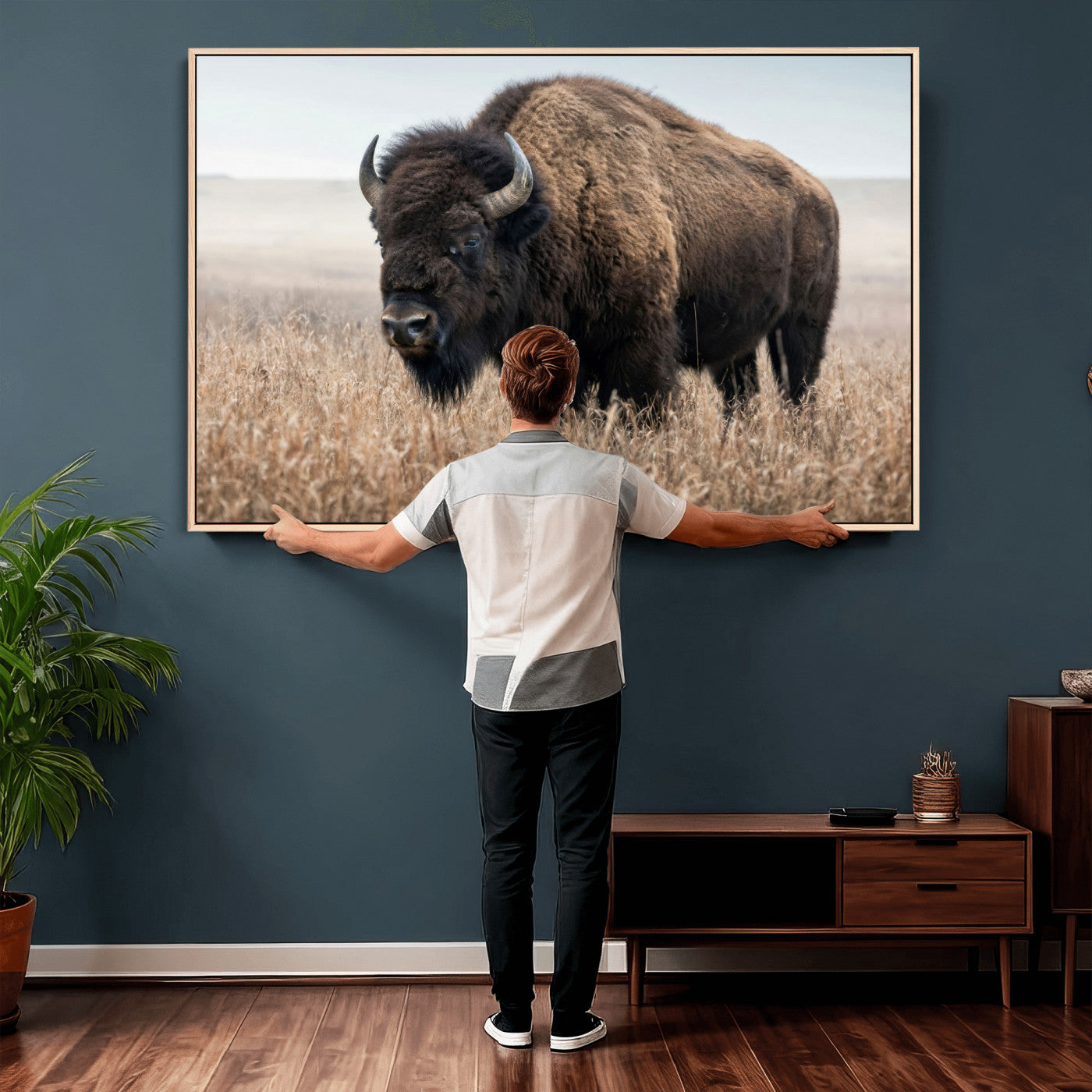 81029583-MGV-CV-36X24 - American Bison in Prairie Field Wall Art Canvas Print - Rustic Wildlife Photography