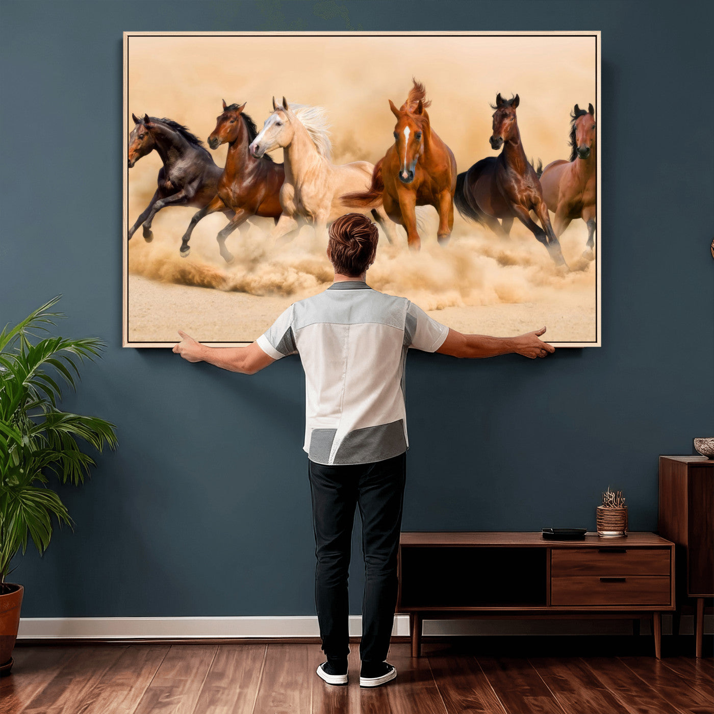 90610949-MGV-CV-36X24 - Herd of Six Wild Horses Galloping in Dust Storm Wall Art Canvas Print - Majestic Wildlife Decor