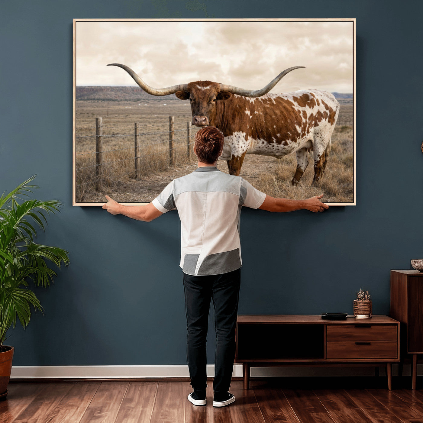 22808364-MGV-CV-36X24 - Texas Longhorn Cattle in Desert Pasture Wall Art Canvas Print - Rustic Western Decor