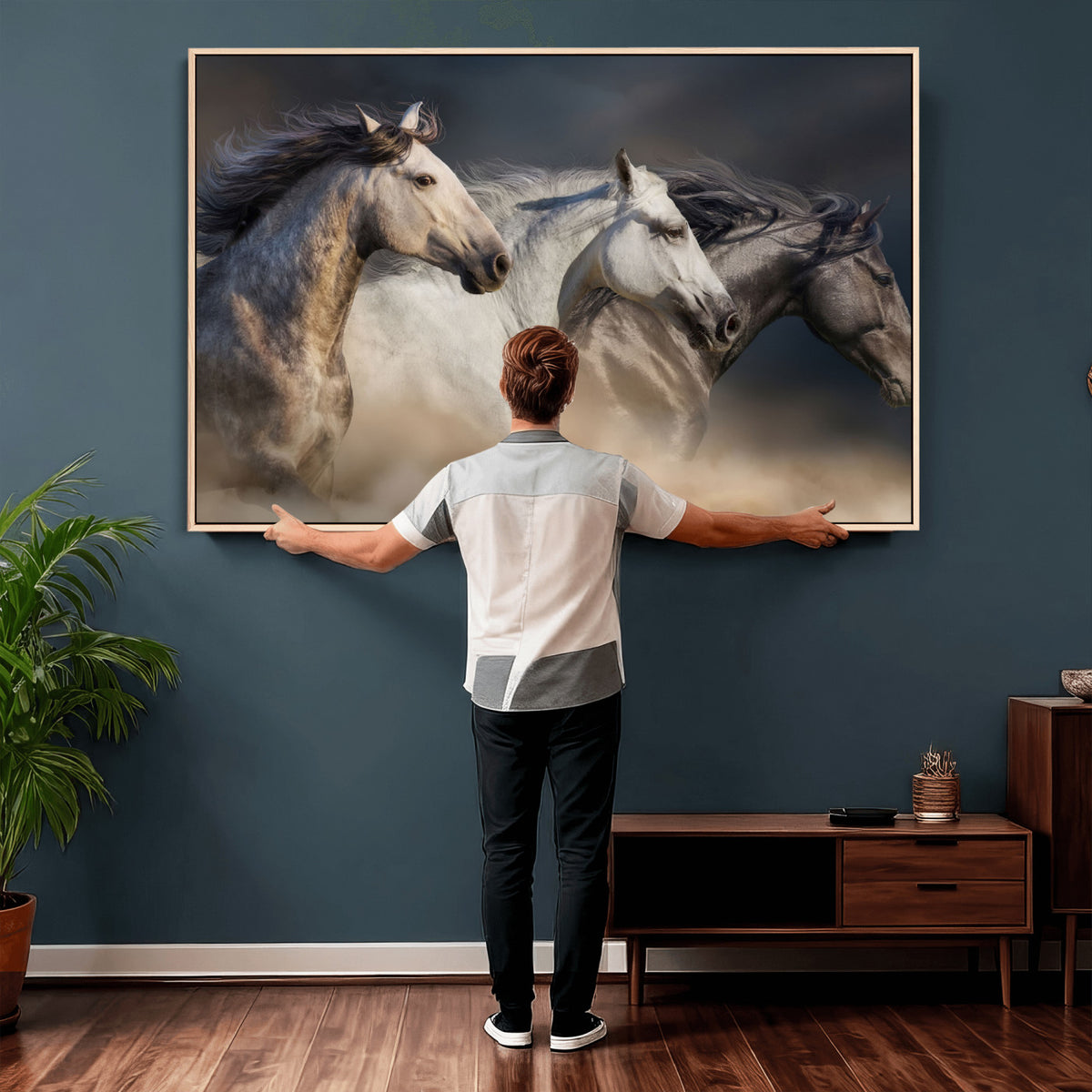 85088910-MGV-CV-36X24 - Three Wild Horses Galloping in Dust Storm Wall Art Canvas Print | Powerful Wildlife Fine Art
