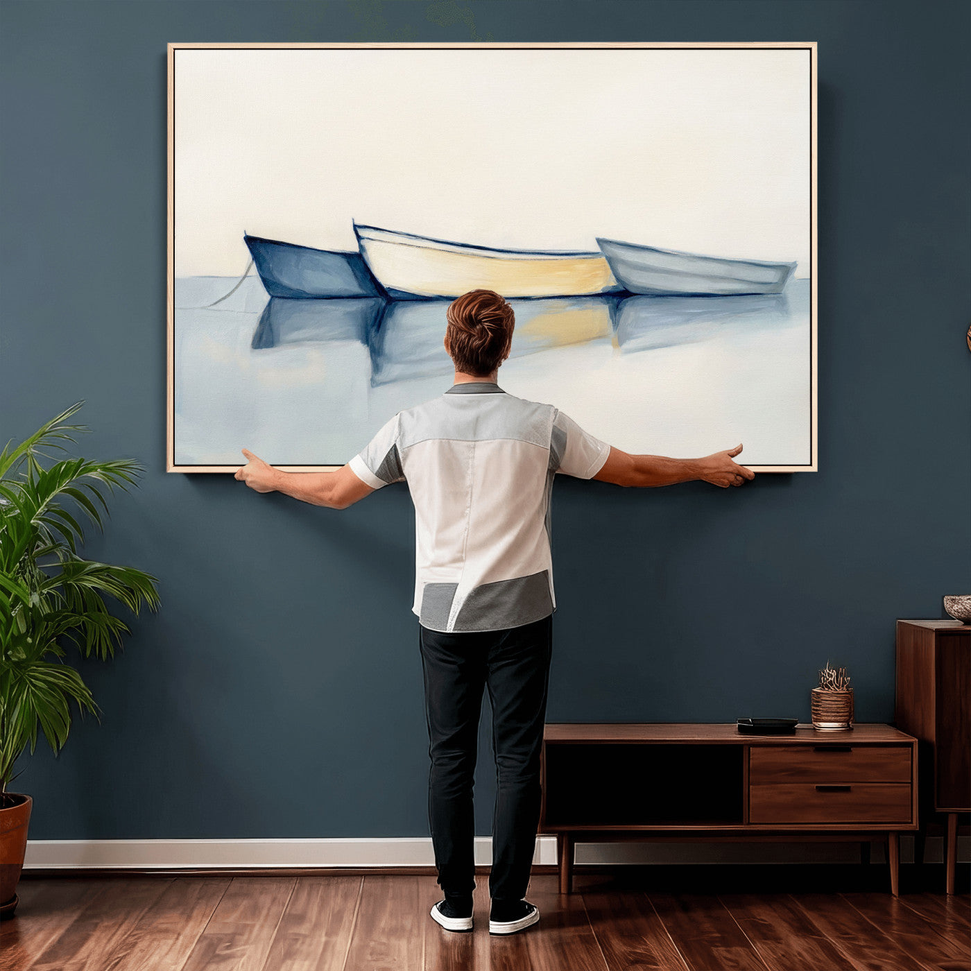 84017361-MGV-CV-36X24 - Abstract Three Boats Reflecting on Water Wall Art Canvas Print - Minimalist Coastal Seascape