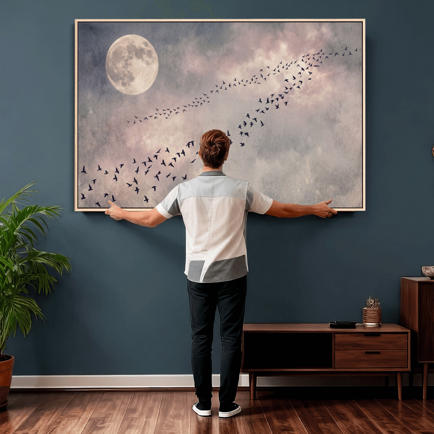 52339590-MGV-CV-36X24 - Birds Flying to Moon Wall Art Canvas Print - Vintage Surreal Night Sky Sky Print