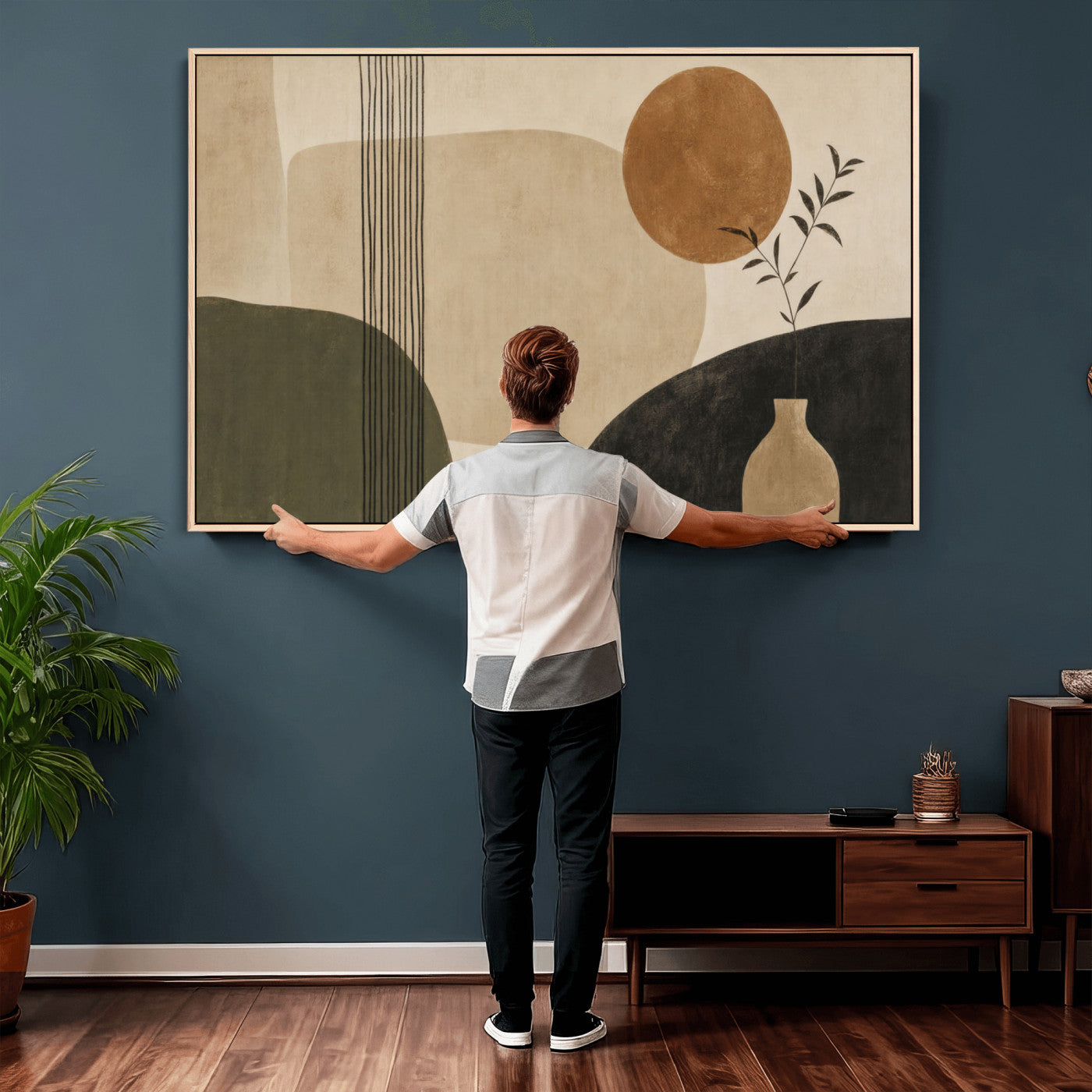 29113684-MGV-CV-36X24 - Japandi Minimalist Abstract Wall Art Canvas Print, Sage Green and Terracotta Sun Botanical Painting Print