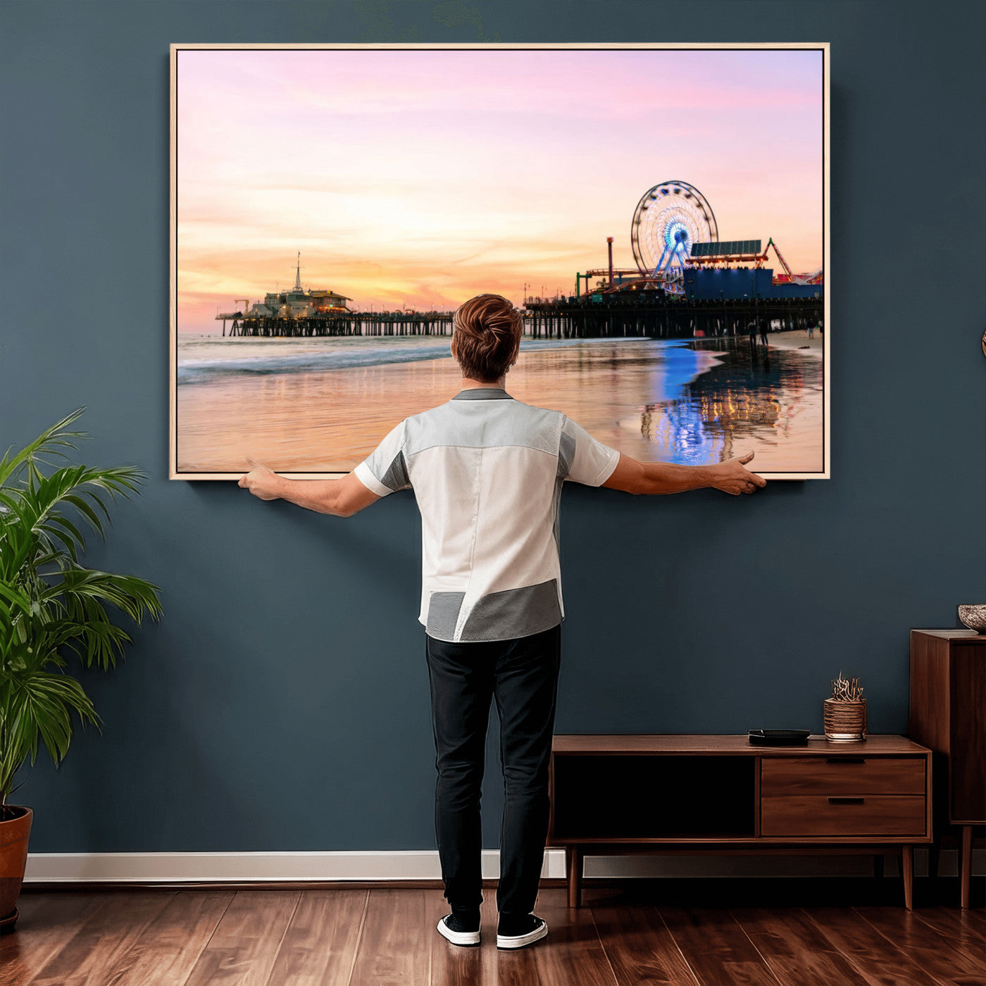 27381272-MGV-CV-36X24 - Santa Monica Pier Sunset Beach Wall Art Canvas Print, California Ferris Wheel Photo Print