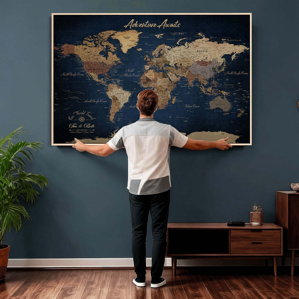 74477969-MGV-CV-36X24 - Custom Push Pin Travel Map Canvas Print, Family Travel Tracker, Study and Entryway Decor