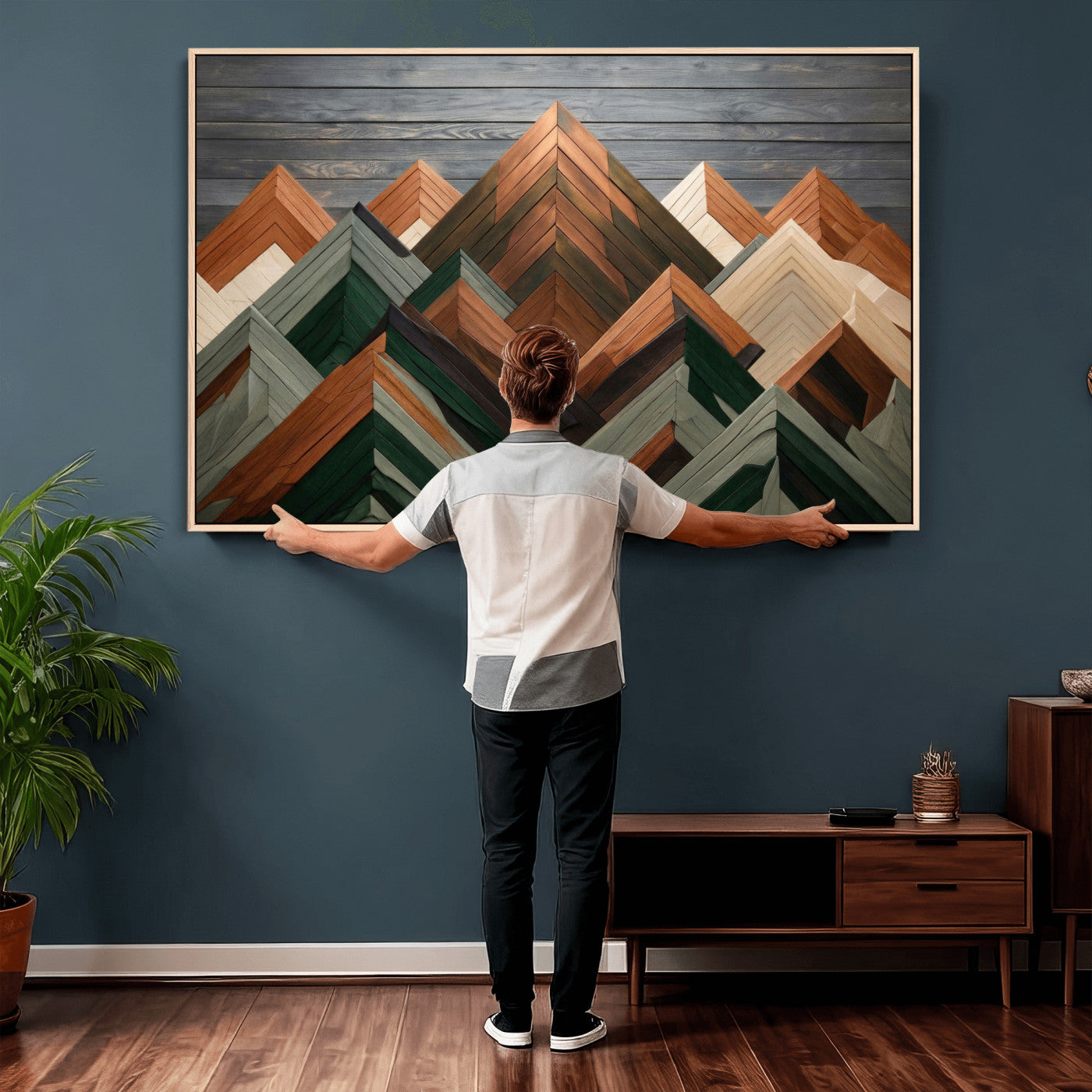 84617347-MGV-CV-36X24 - Geometric Wood Mountain Wall Art Canvas Print, 3D Look Rustic Mosaic Landscape Print