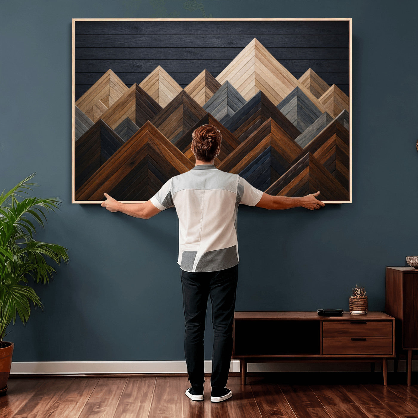 70531117-MGV-CV-36X24 - Geometric Wood Mountain Wall Art Canvas Print, 3D Look Rustic Mosaic Landscape Print
