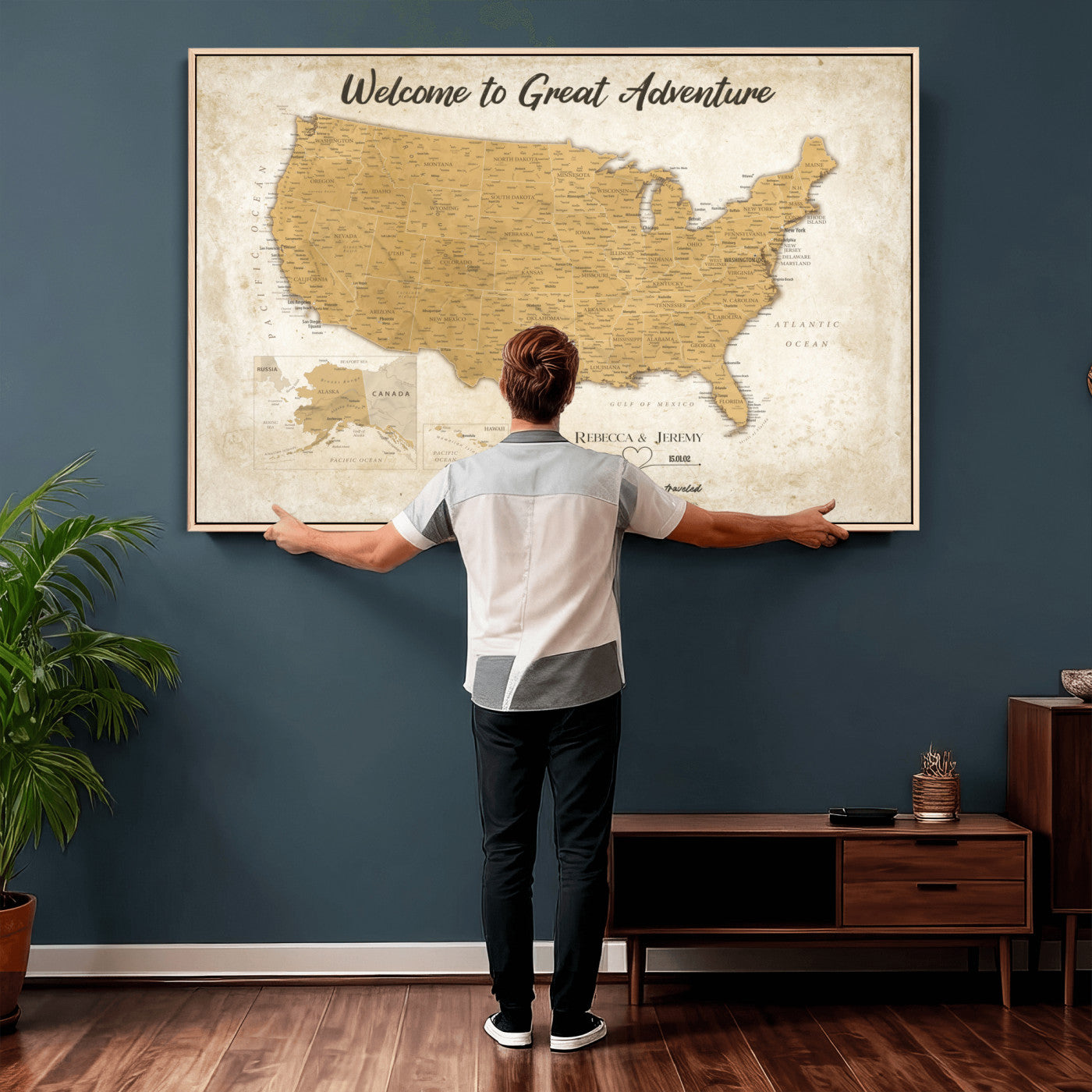 81437082-MGV-CV-36X24 - Custom Push Pin Travel USA Map Canvas Print, Cream Personalized Travel Tracker America Map, Anniversary Traveler Gift