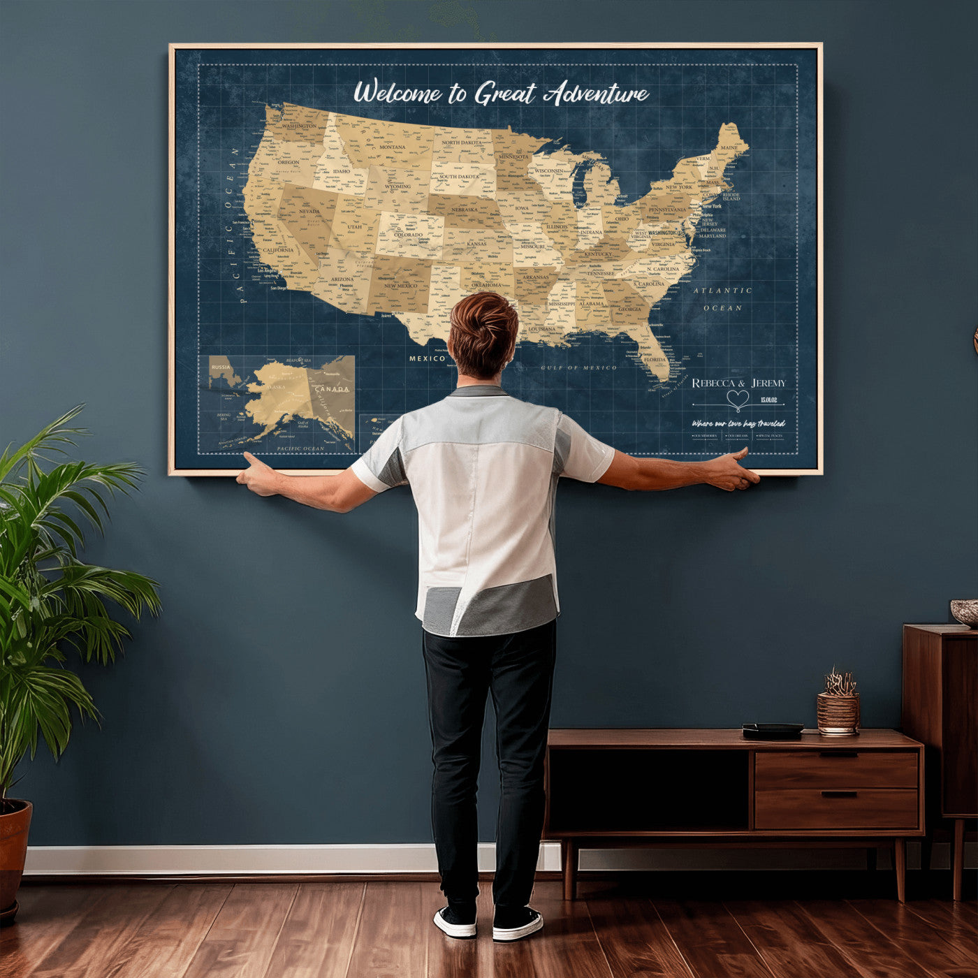 58851035-MGV-CV-36X24 - Custom Push Pin Travel USA Map Canvas Print, Cream Personalized Travel Tracker America Map, Anniversary Traveler Gift