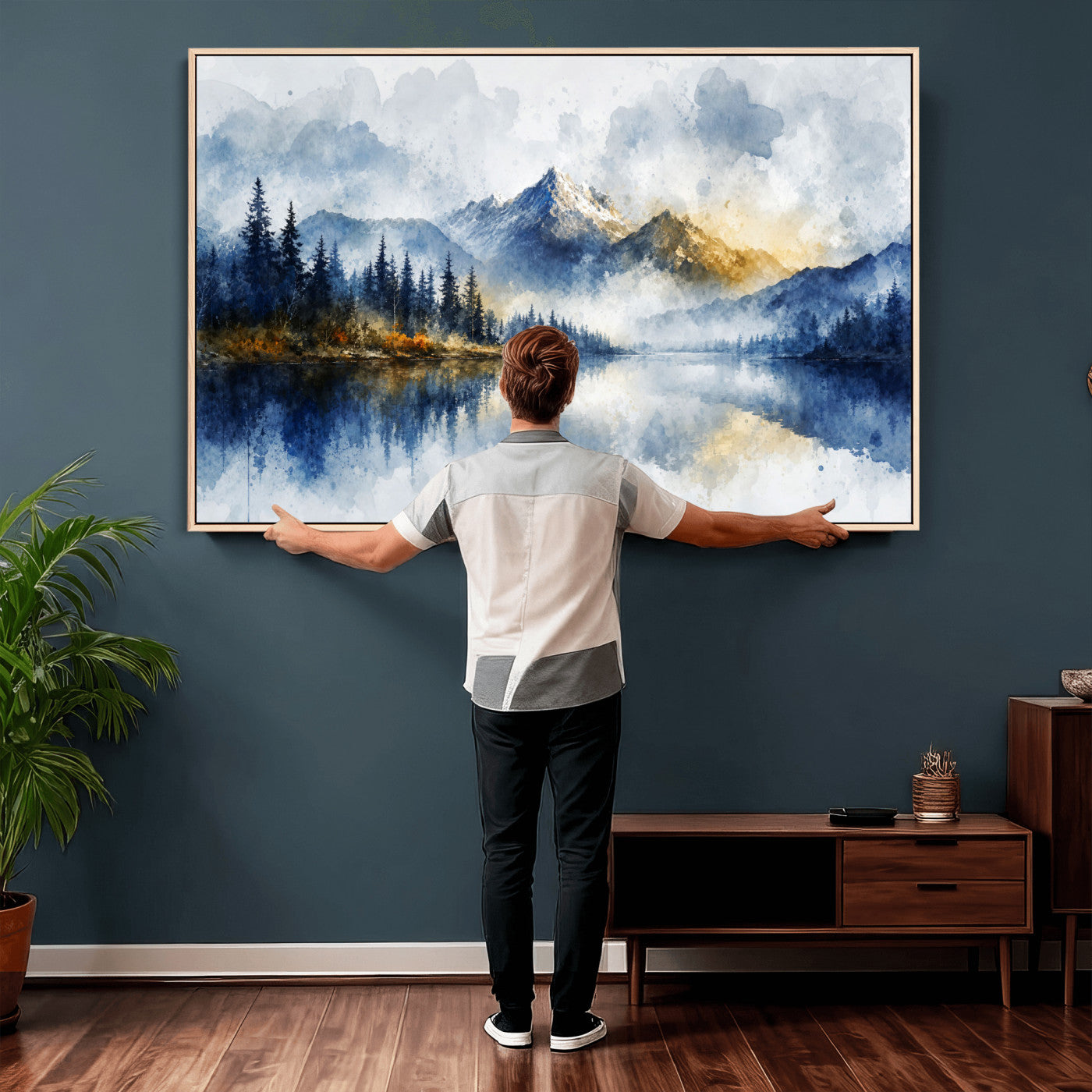 62076449DG-MGV-CV-36X24 - Abstract Watercolor Mountain Lake Wall Art Print for Living Room Decor