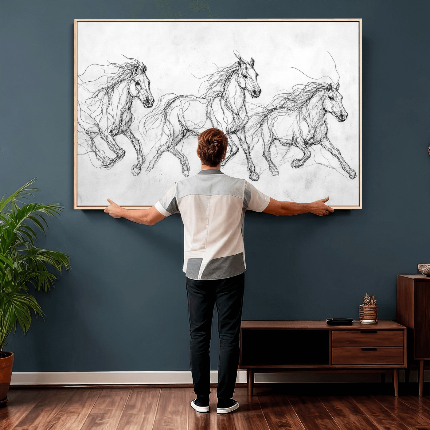 53600119-MGV-CV-36X24 - Monochrome Horse Canvas Wall Art, Black Ink Sketch Wild Horses Print, Minimalist Equestrian Artwork, Modern Abstract Line Decor, Urban Loft Gift