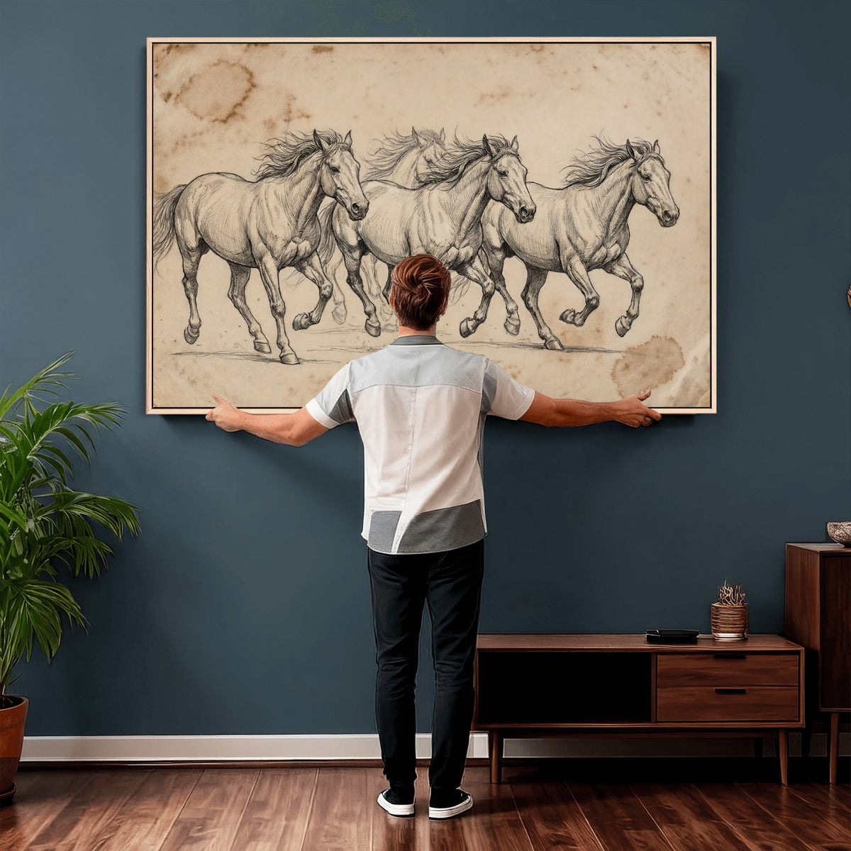 56046981-MGV-CV-36X24 - Sepia Wild Horses Canvas Art, Antique Pencil Drawing Print, Vintage Gallery Wall Decor, Rustic Equestrian Artwork, Traditional Den Gift