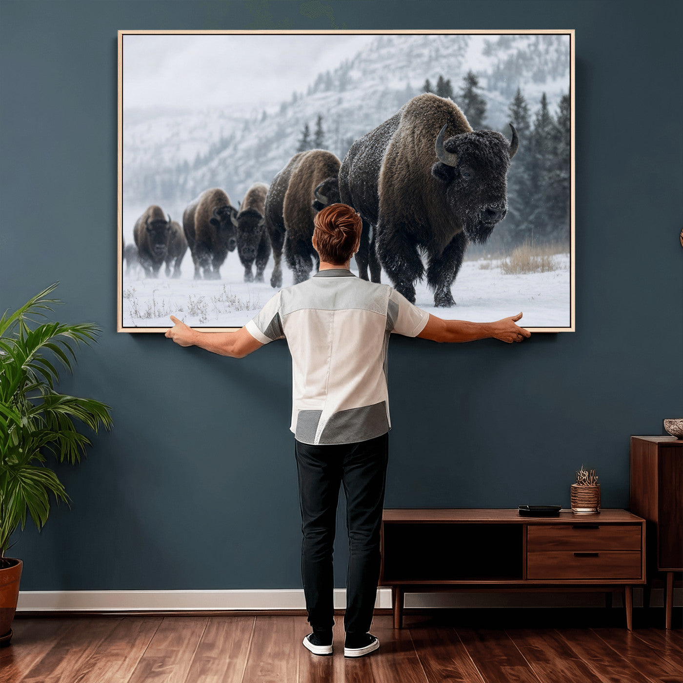 18343289-MGV-CV-36X24 - Rustic Bison Wall Art, American Buffalo Photo Print, Wildlife Canvas Artwork, Snowy Mountain Decor, Large Nature Poster, Cabin Gift Idea