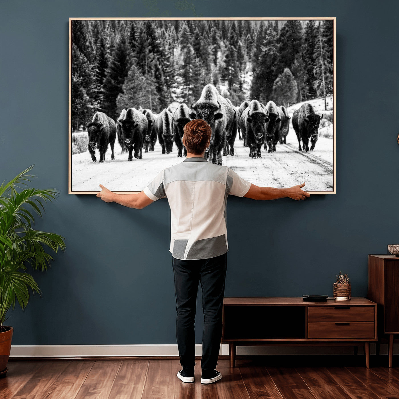 79337077-MGV-CV-36X24 - Black and White Bison Canvas Art, American Buffalo Print, Winter Wildlife Photography, Rustic Forest Wall Decor, Large Statement Nature Gift