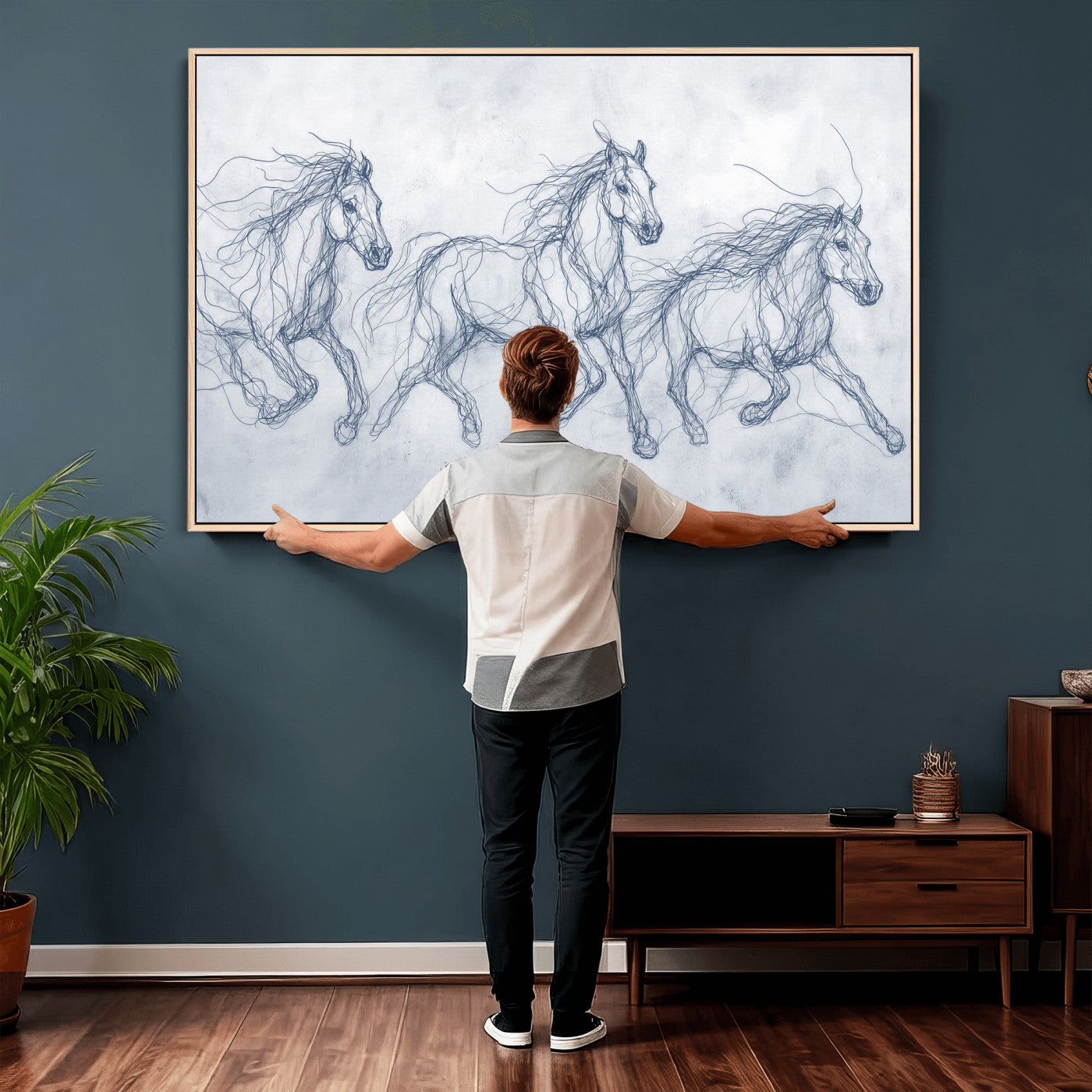 41163601-MGV-CV-36X24 - Indigo Blue Horse Line Art Canvas, Steel Grey Wild Horses Print, Abstract Navy Scribble Artwork, Modern Slate Equine Wall Decor, Coastal Ranch Gift