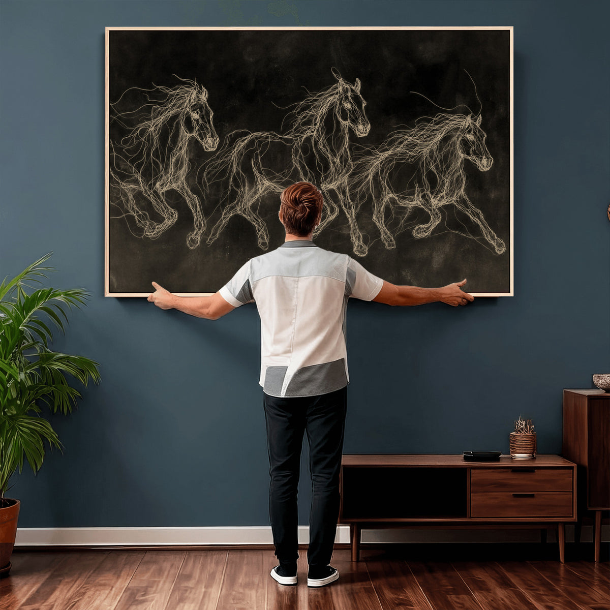15344242-MGV-CV-36X24 - Dark Horse Line Art Canvas, Gold Scribble Wild Horses Print, Black Chalkboard Wall Art, Modern Luxury Equine Decor, Masculine Office Gift