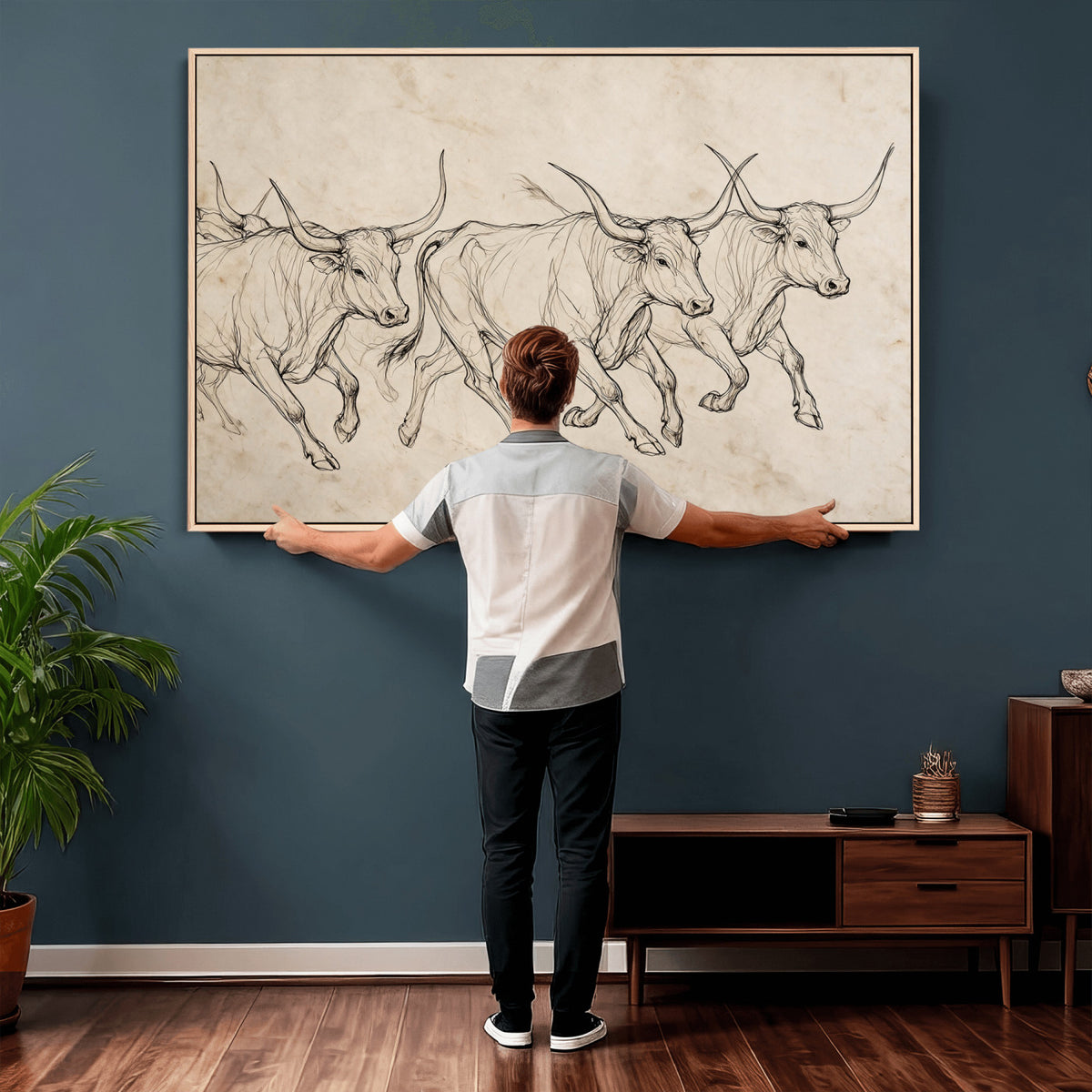 87177621-MGV-CV-36X24 - Minimalist Longhorn Line Art, Modern Texas Bull Canvas Print, Abstract Western Wall Decor, Continuous Line Artwork, Black White Ranch Gift