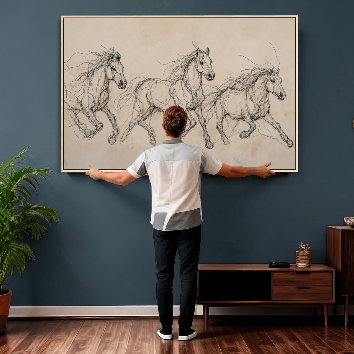 81051673-MGV-CV-36X24 - Abstract Horse Line Art Canvas, Gesture Sketch Wild Horses Print, Modern Scribble Artwork, Minimalist Equine Wall Decor, Rustic Studio Gift