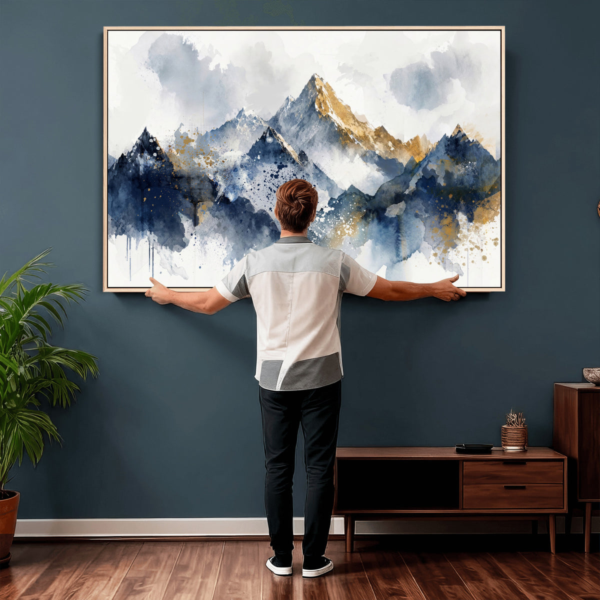 87460616-MGV-CV-36X24 - Abstract Mountain Canvas Wall Art, Blue Gold Foil Landscape Print, Modern Indigo Watercolor Poster, Large Abstract Nature, Luxury Office Gift