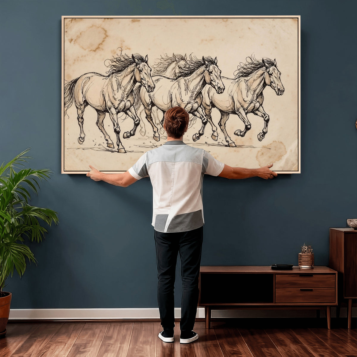 18242163-MGV-CV-36X24 - Vintage Horse Sketch Canvas Wall Art, Wild Horses Pencil Drawing Print, Antique Parchment Western Decor, Equine Sketching, Country Manor Gift