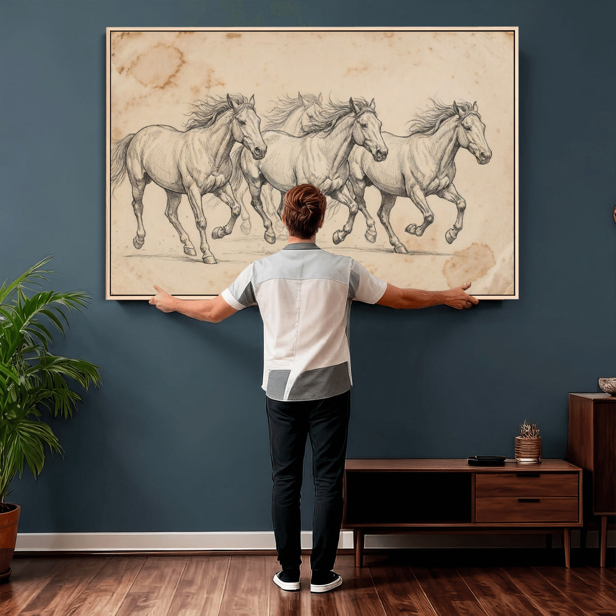 16644391-MGV-CV-36X24 - Vintage Horse Sketch Canvas Wall Art, Wild Horses Pencil Drawing Print, Antique Parchment Western Decor, Equine Sketching, Country Manor Gift