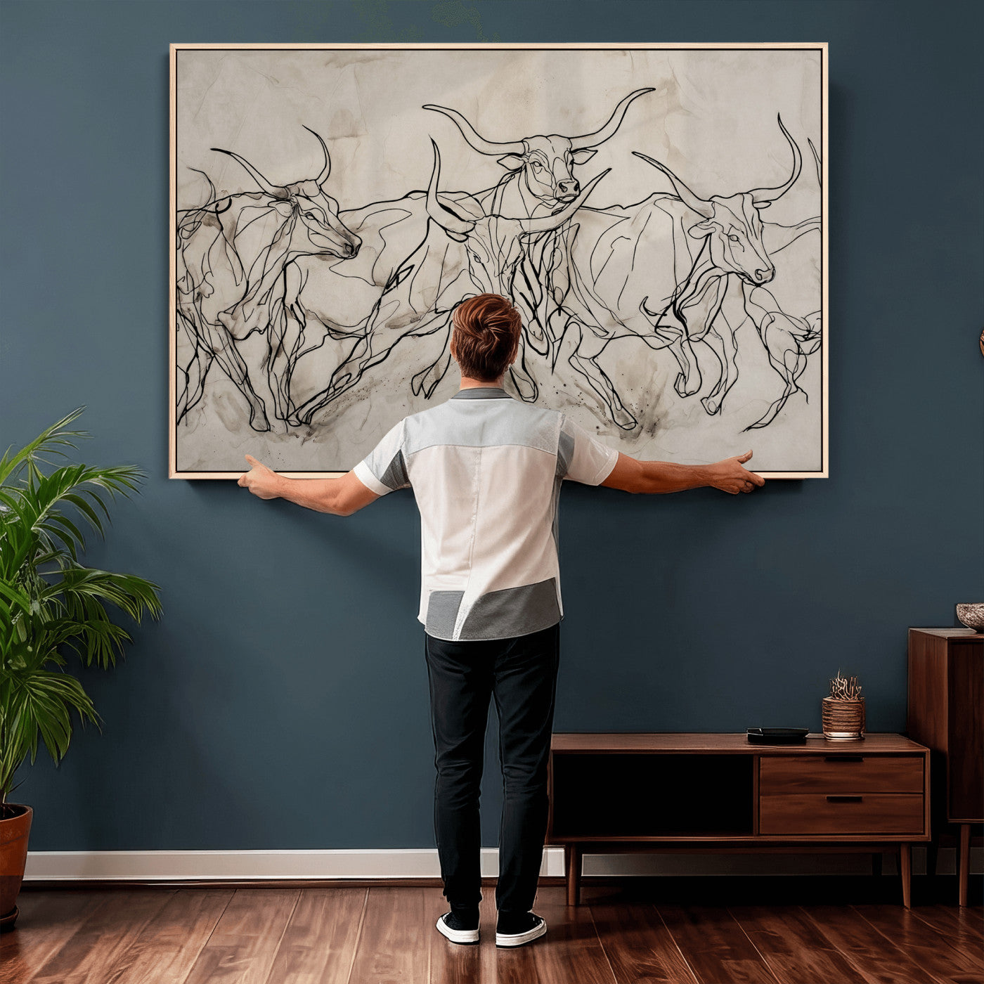 16671245-MGV-CV-36X24 - Minimalist Longhorn Line Art, Modern Texas Bull Canvas Print, Abstract Western Wall Decor, Continuous Line Artwork, Black White Ranch Gift