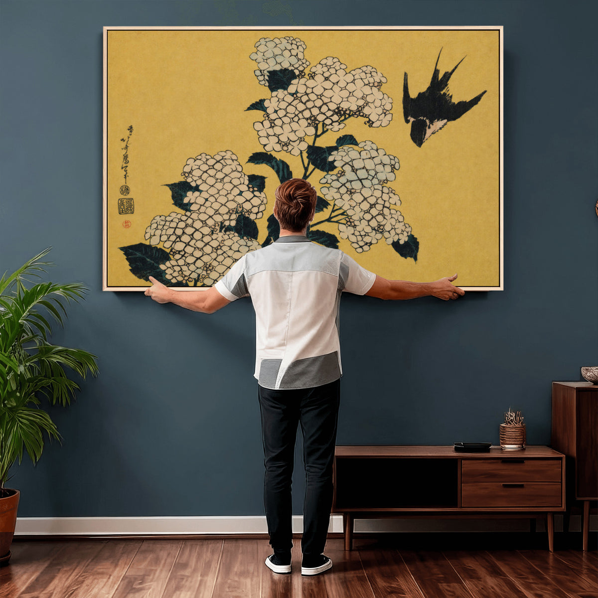 92483501-MGV-CV-36X24 - Katsushika Hokusai Hydrangea and Swallow Wall Art Canvas Print, Japanese Woodblock Painting Print