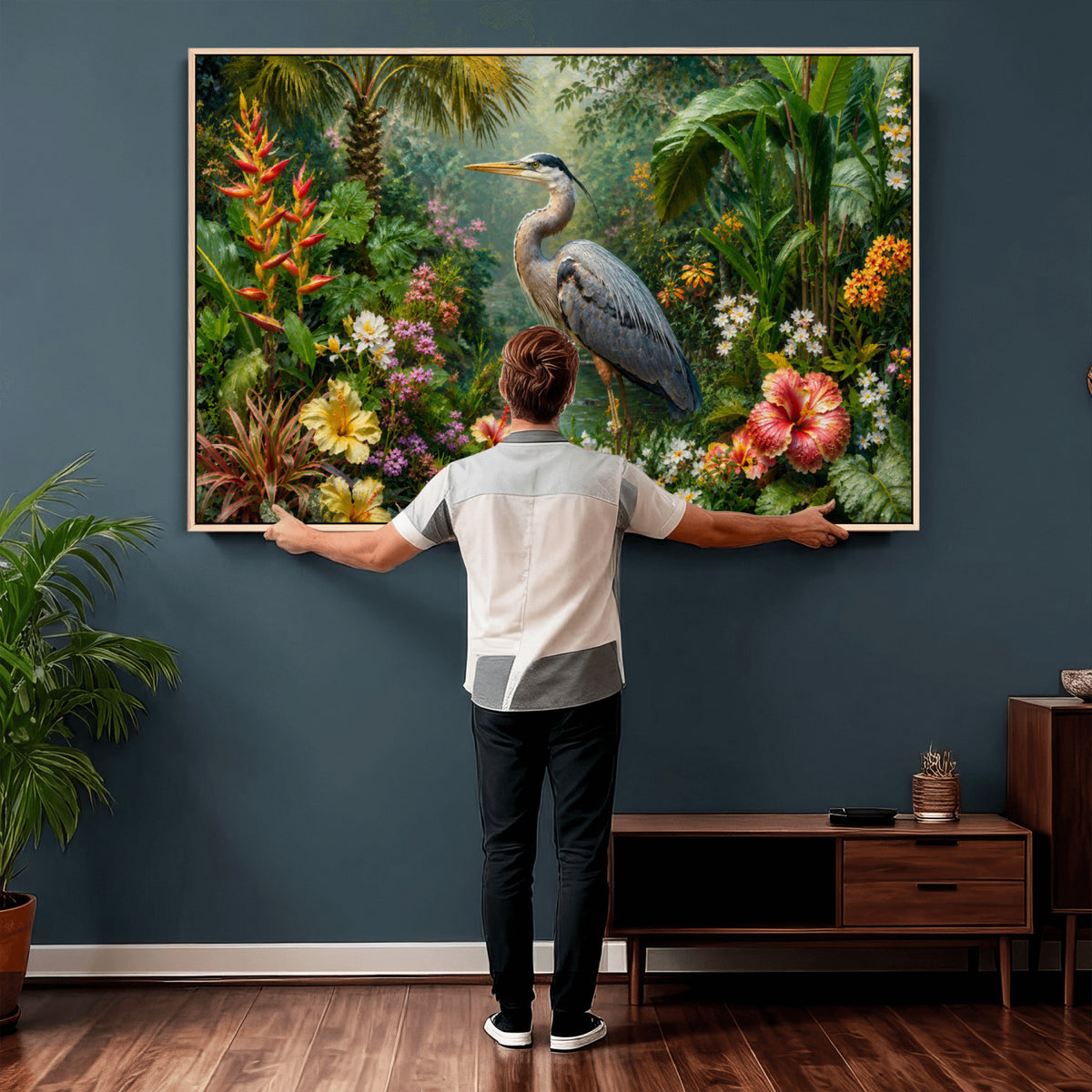 81059387-MGV-CV-36X24 - Great Blue Heron Tropical Jungle Wall Art Canvas Print, Exotic Botanical Garden Painting Print