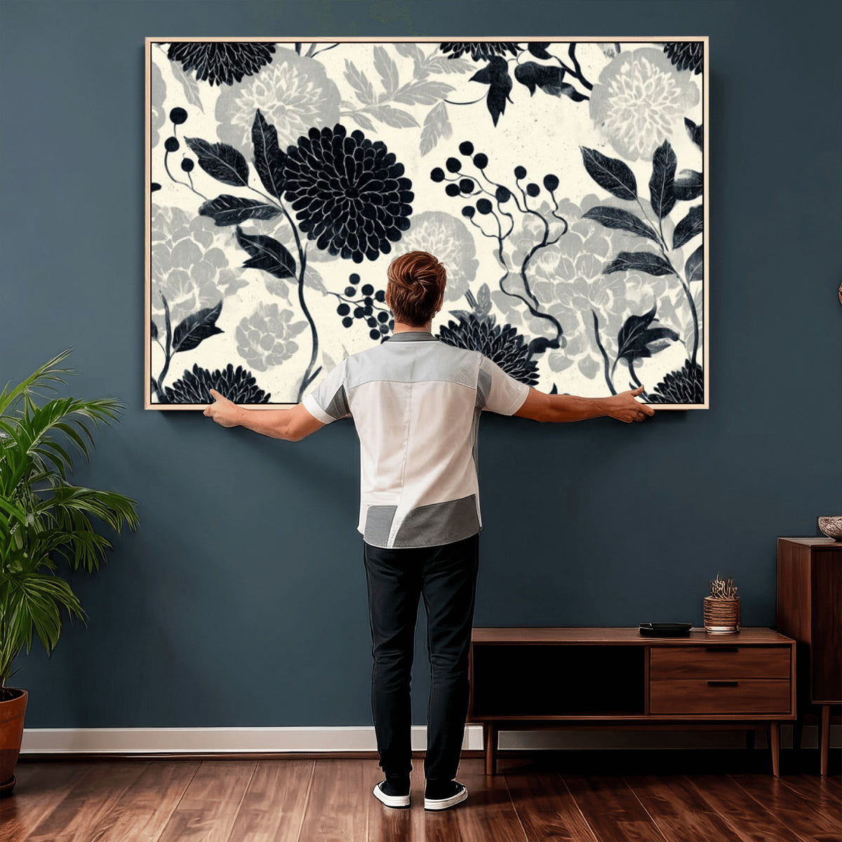 61524791-MGV-CV-36X24 - Vintage Black Chrysanthemum Wall Art Canvas Print, Monochrome Dhalia Floral Painting Print