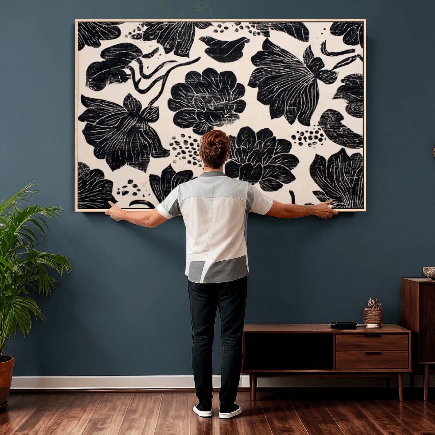 81787117-MGV-CV-36X24 - Linocut Black Lotus Floral Wall Art Canvas Print, Vintage Monochrome Botanical Painting Print